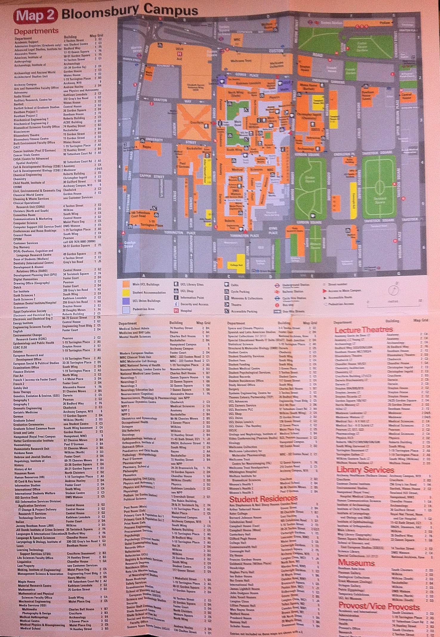 Mapa de UCL con departamentos, edificios, aulas, bibliotecas y museos.